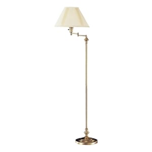 Benjara 150 Watt Metal Floor Lamp with Swing Arm and Fabric Conical Shade- Gold