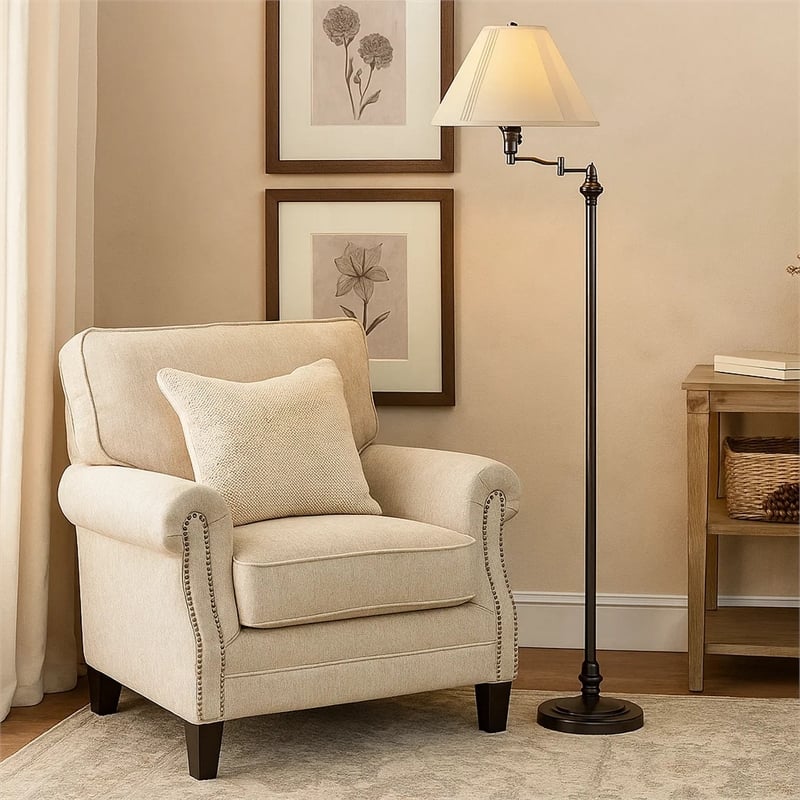 Benjara 150 Watt Metal Floor Lamp with Swing Arm and Fabric Conical Shade- Black