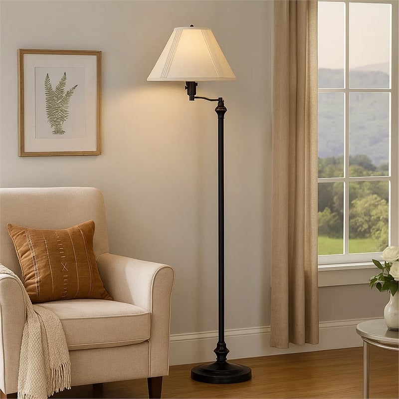 Benjara 150 Watt Metal Floor Lamp with Swing Arm and Fabric Conical Shade- Black