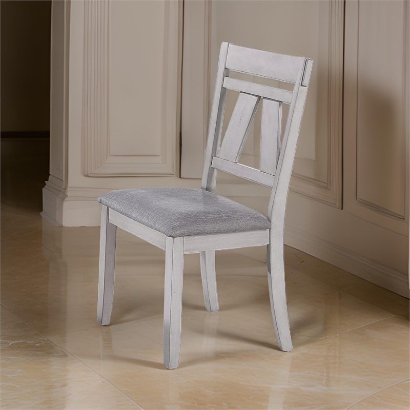 Benjara Wooden Side Chair with Fabric Upholstered Seat (Set of 2)- White & Gray