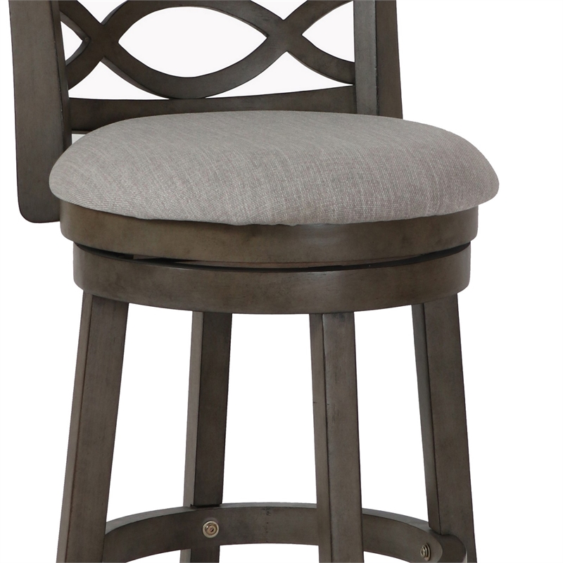 Benjara Curved Lattice Back Swivel Counter Stool with Fabric Seat- Antique Gray