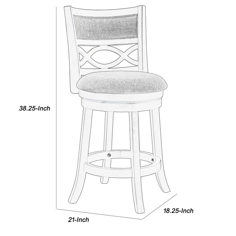 Benjara Curved Lattice Back Swivel Counter Stool with Fabric Seat- Antique Gray