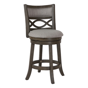 Benjara Curved Lattice Back Swivel Counter Stool with Fabric Seat- Antique Gray