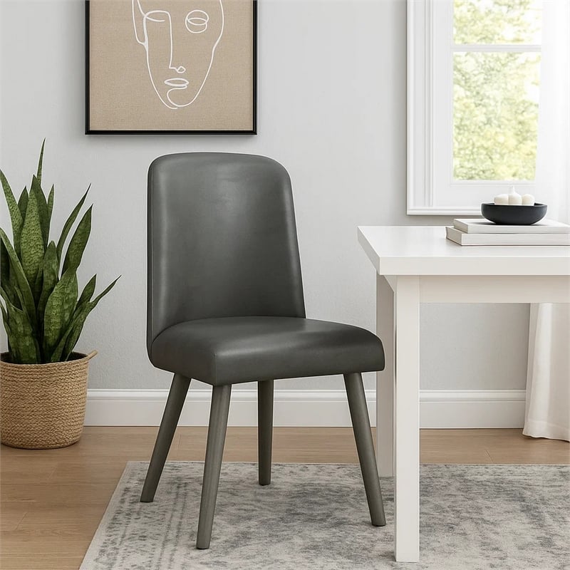 Benjara Leatherette Dining Chair with Splayed Wooden Legs- Set of 2- Gray