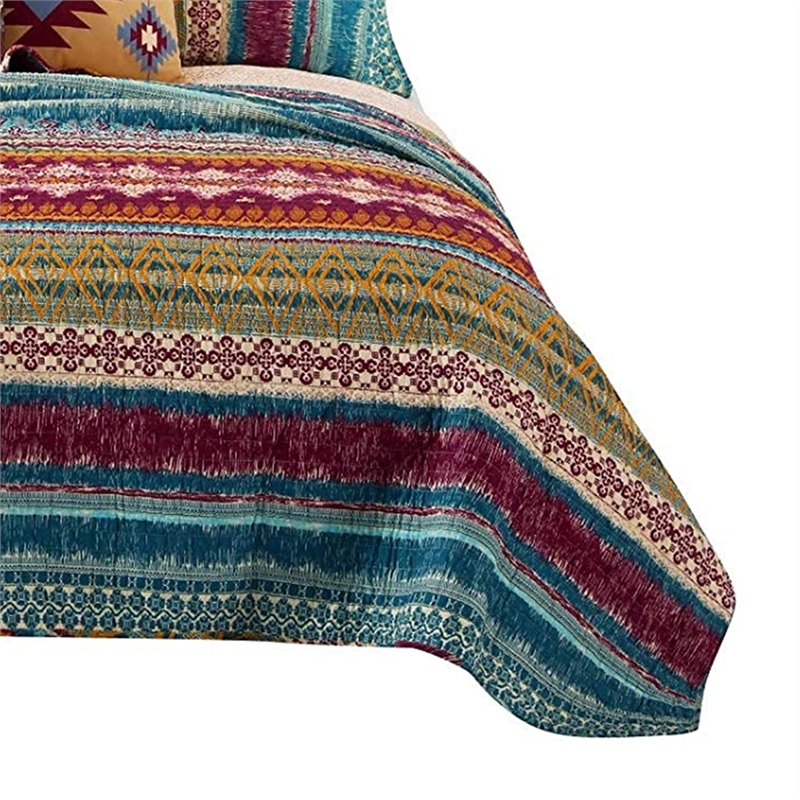 Benjara Tribal Print Full Quilt Set with Decorative Pillows- Multicolor