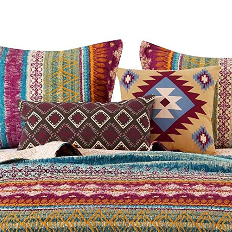 Benjara Tribal Print Full Quilt Set with Decorative Pillows- Multicolor