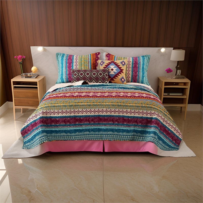 Benjara Tribal Print Full Quilt Set with Decorative Pillows- Multicolor