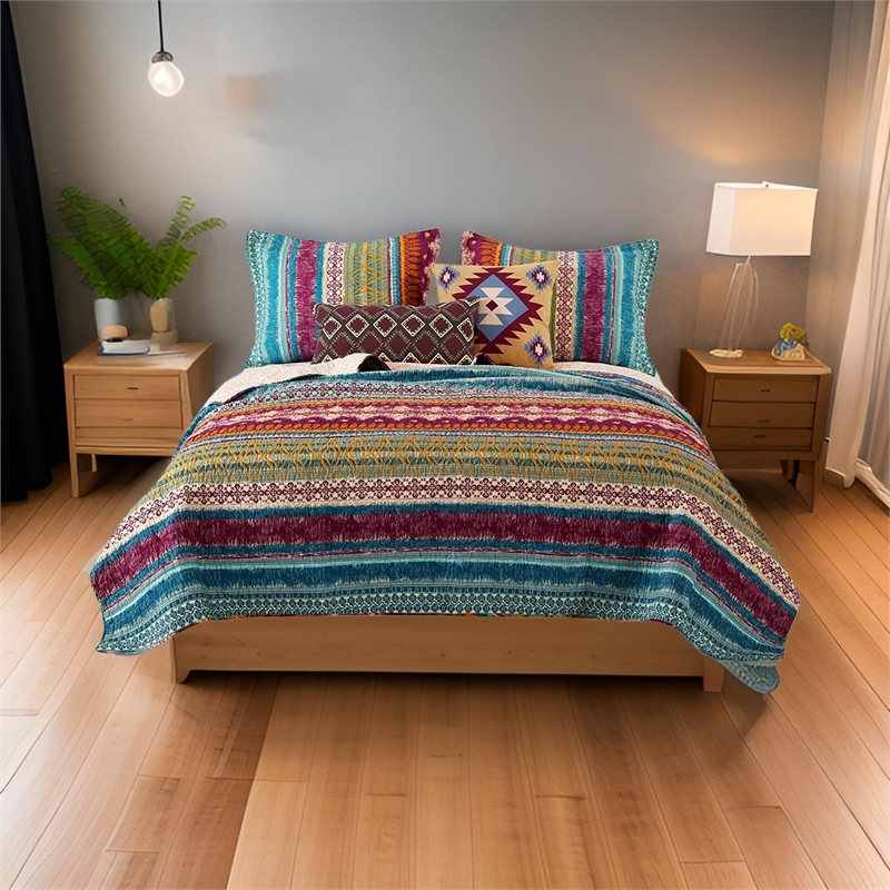 Benjara Tribal Print King Quilt Set with Decorative Pillows- Multicolor