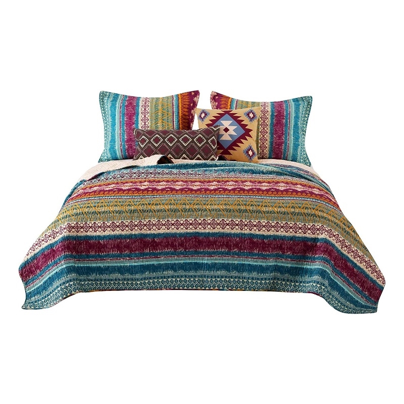 Benjara Tribal Print King Quilt Set with Decorative Pillows- Multicolor