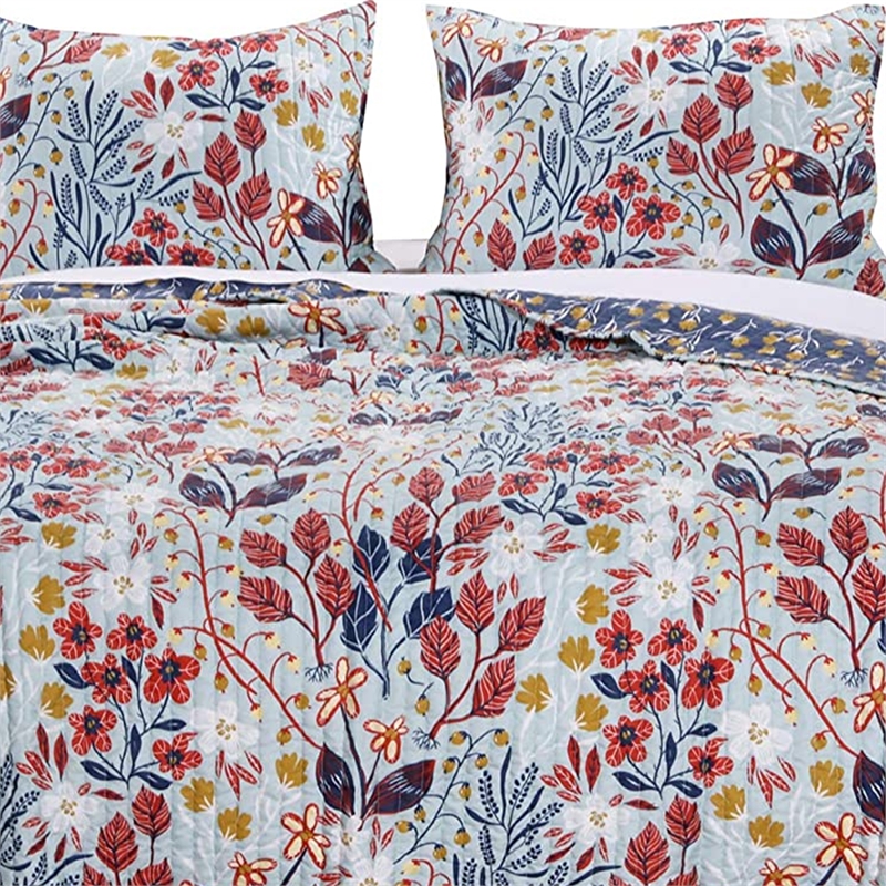 Benjara Full Size 3 Piece Polyester Quilt Set with Floral Prints- Multicolor