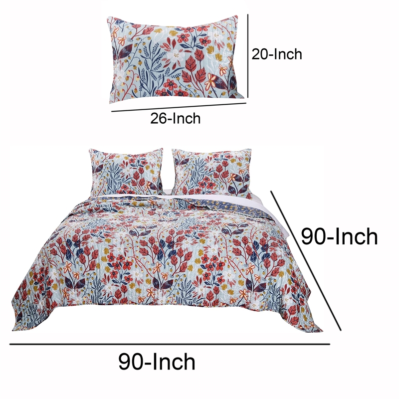 Benjara Full Size 3 Piece Polyester Quilt Set with Floral Prints- Multicolor