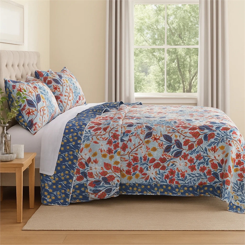 Benjara Full Size 3 Piece Polyester Quilt Set with Floral Prints- Multicolor