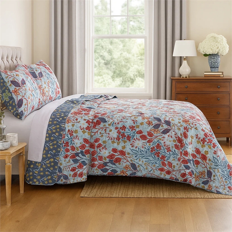 Benjara Full Size 3 Piece Polyester Quilt Set with Floral Prints- Multicolor