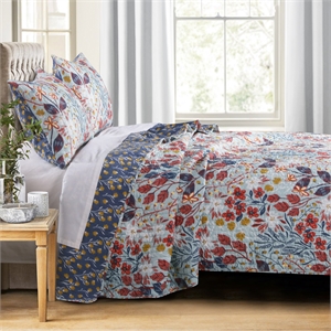 Benjara Full Size 3 Piece Polyester Quilt Set with Floral Prints- Multicolor