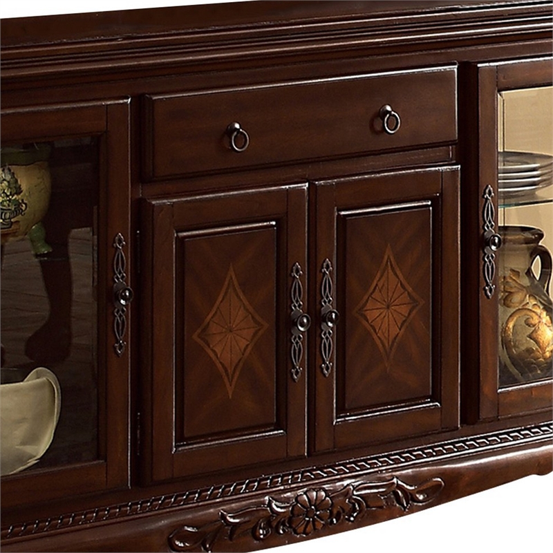 Benjara Traditional 2 Glass Cabinet Buffet with 1 Drawer and Bracket Feet- Brown