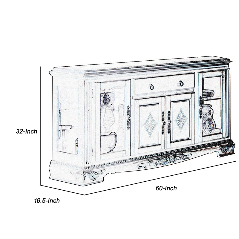 Benjara Traditional 2 Glass Cabinet Buffet with 1 Drawer and Bracket Feet- Brown