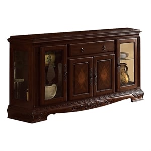 Benjara Traditional 2 Glass Cabinet Buffet with 1 Drawer and Bracket Feet- Brown