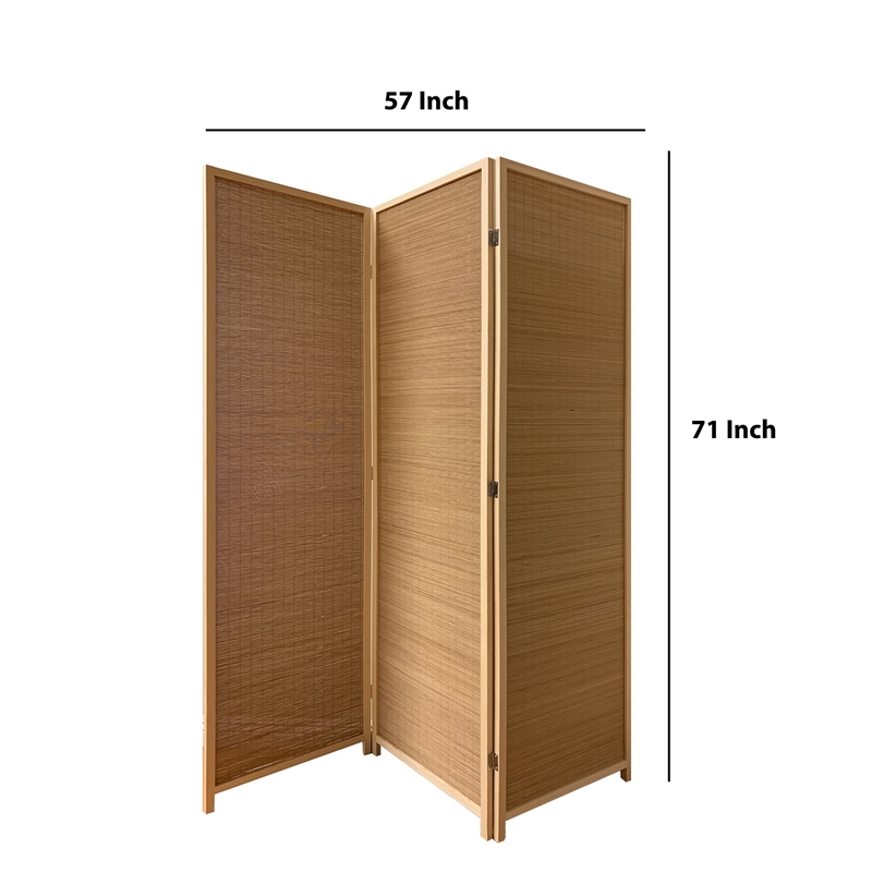 Benjara 3 Panel Bamboo Shade Roll Room Divider- Natural Brown