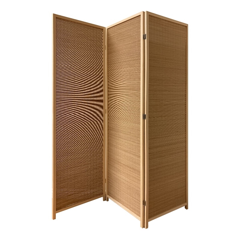 Benjara 3 Panel Bamboo Shade Roll Room Divider- Natural Brown