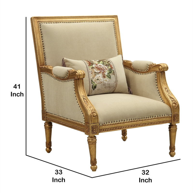 Benjara Wooden Chair with Fabric Padded Seat and Backrest- Gold