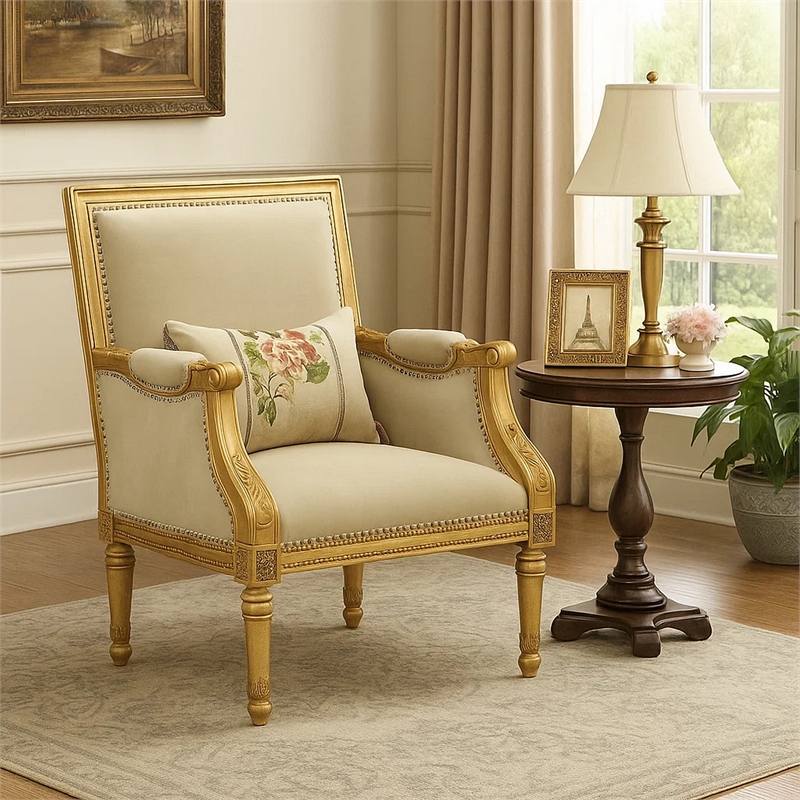 Benjara Wooden Chair with Fabric Padded Seat and Backrest- Gold