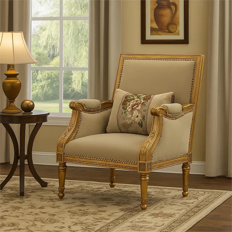 Benjara Wooden Chair with Fabric Padded Seat and Backrest- Gold