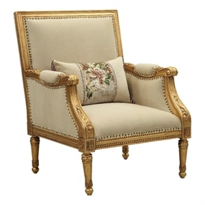 Benjara Wooden Chair with Fabric Padded Seat and Backrest- Gold