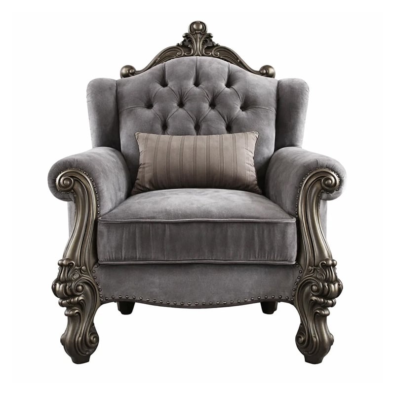 Benjara Traditional Fabric Upholstered Wooden Chair with Tufted Details- Gray