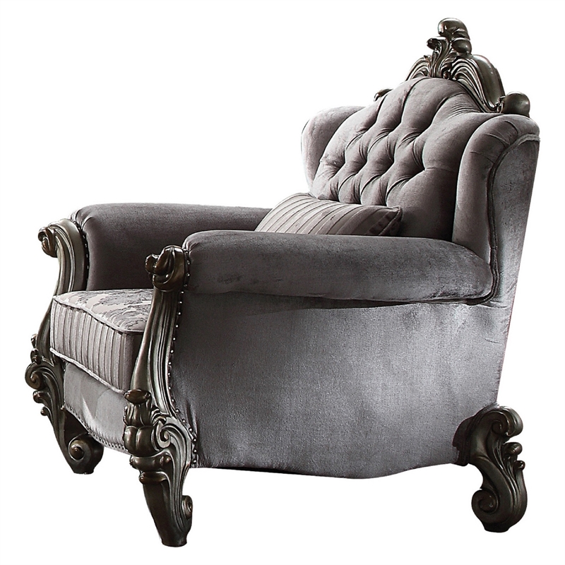 Benjara Traditional Fabric Upholstered Wooden Chair with Tufted Details- Gray