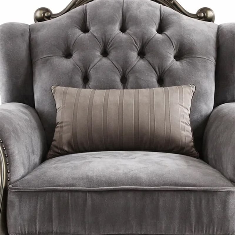 Benjara Traditional Fabric Upholstered Wooden Chair with Tufted Details- Gray