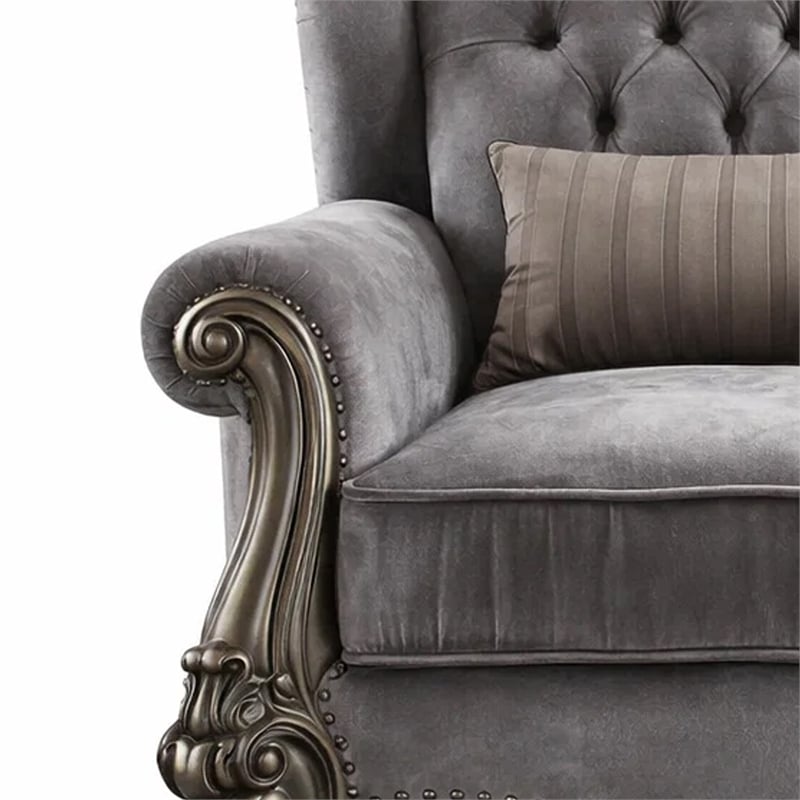 Benjara Traditional Fabric Upholstered Wooden Chair with Tufted Details- Gray