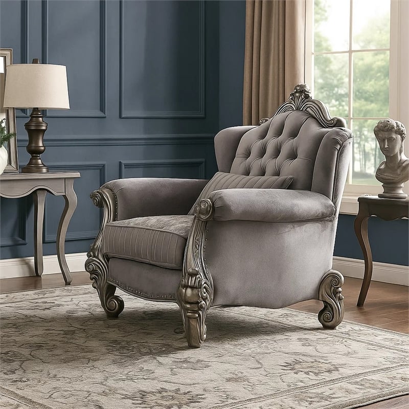 Benjara Traditional Fabric Upholstered Wooden Chair with Tufted Details- Gray
