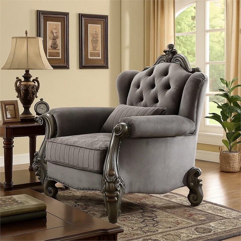 Benjara Traditional Fabric Upholstered Wooden Chair with Tufted Details- Gray