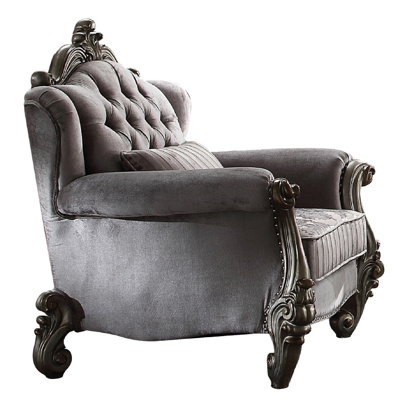Benjara Traditional Fabric Upholstered Wooden Chair with Tufted Details- Gray
