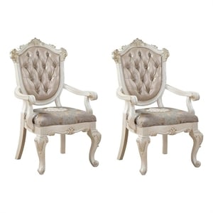 Benjara Wooden Arm Chair w/ Floral Patterned Padded Seat (Set of 2)-White & Gold