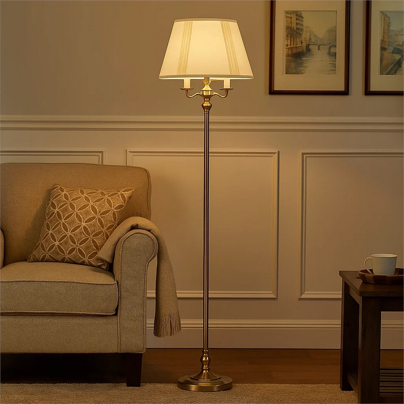Benjara 150 Watt 6 Way Metal Floor Lamp with Fabric Tapered Shade- Gold