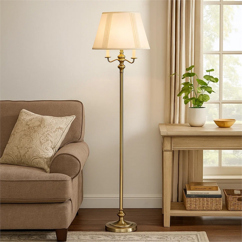 Benjara 150 Watt 6 Way Metal Floor Lamp with Fabric Tapered Shade- Gold