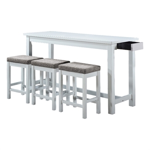 Benjara 4 Pc 1 Drawer Counter Height Table with Backless Stools- White and Gray