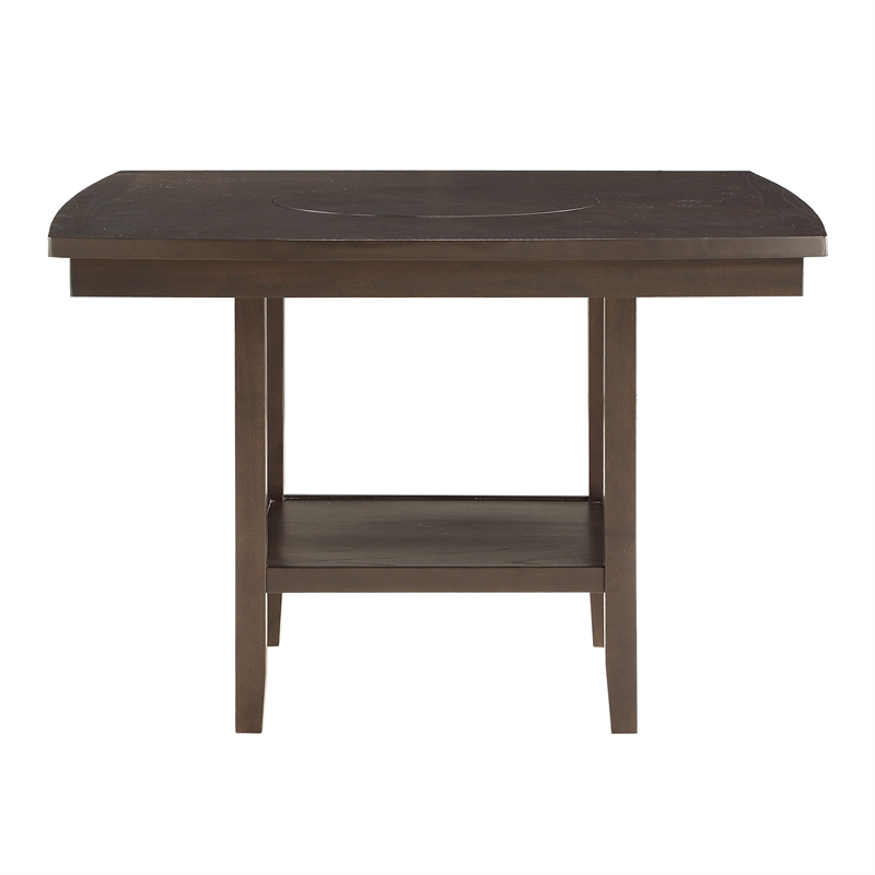 Benjara Wooden Counter Height Table with 1 Bottom Shelf and Lazy Susan- Brown