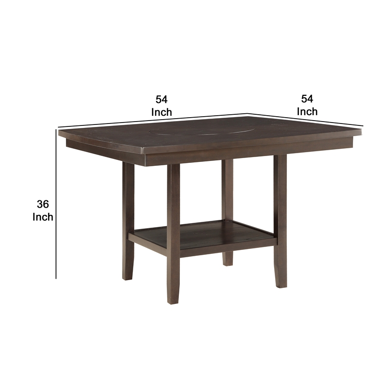 Benjara Wooden Counter Height Table with 1 Bottom Shelf and Lazy Susan- Brown