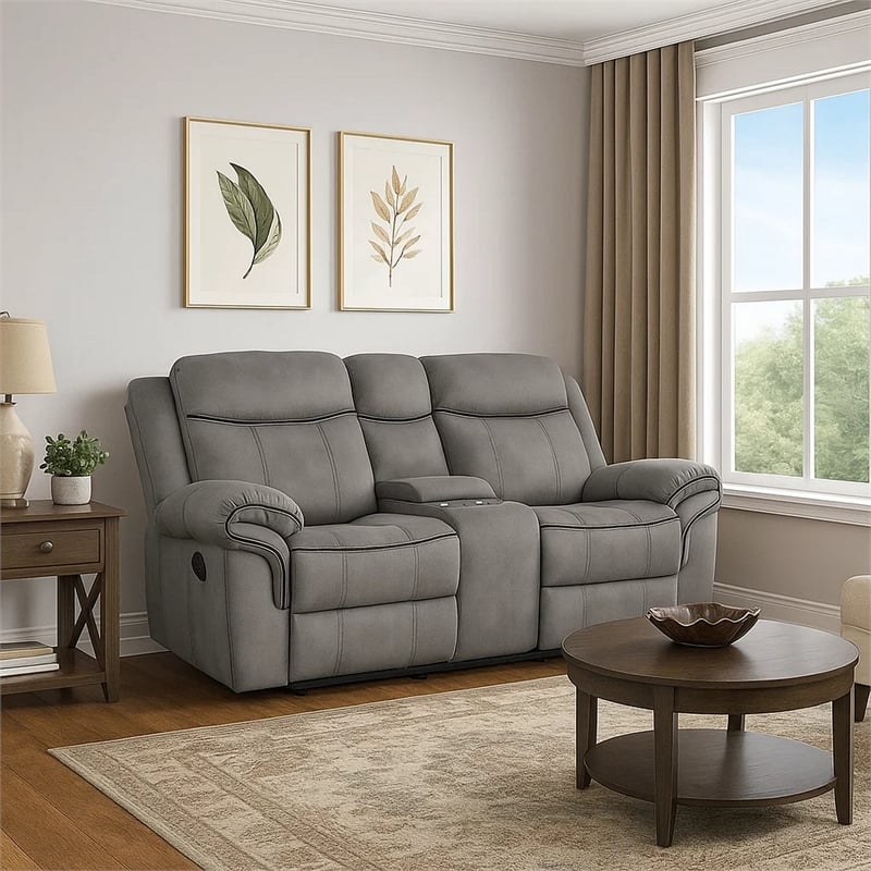 Benjara Fabric Upholstered Metal Reclining Loveseat with Center Console- Gray