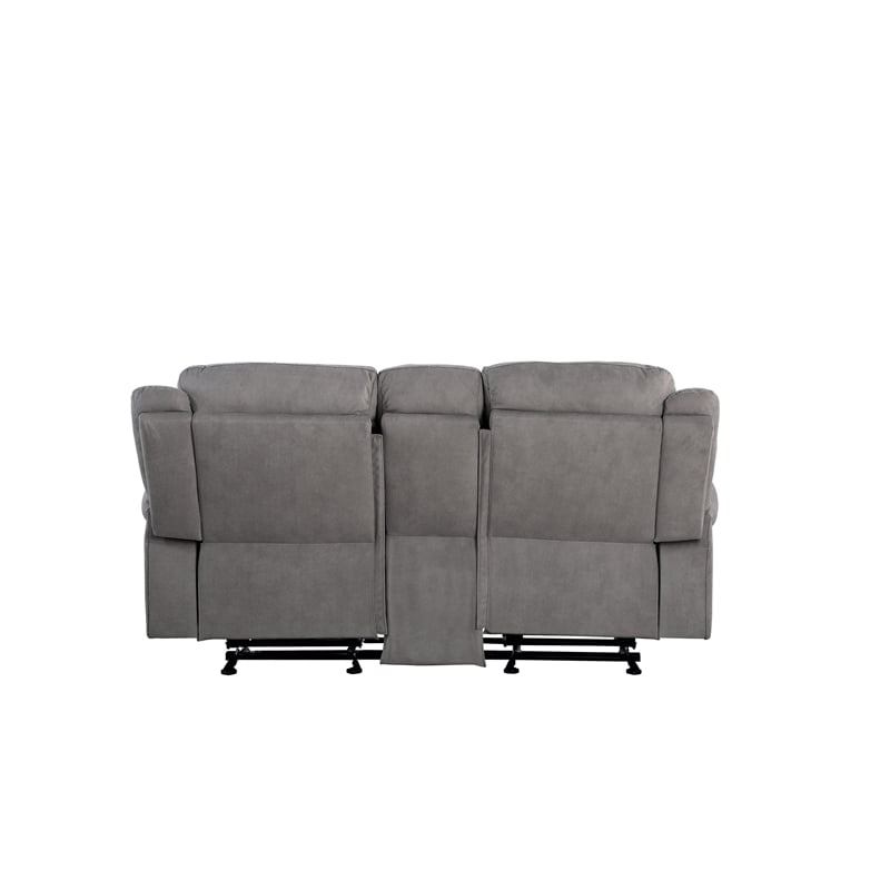Benjara Fabric Upholstered Metal Reclining Loveseat with Center Console- Gray