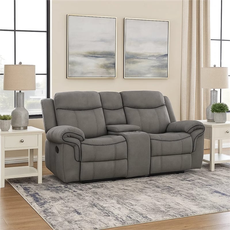 Benjara Fabric Upholstered Metal Reclining Loveseat with Center Console- Gray