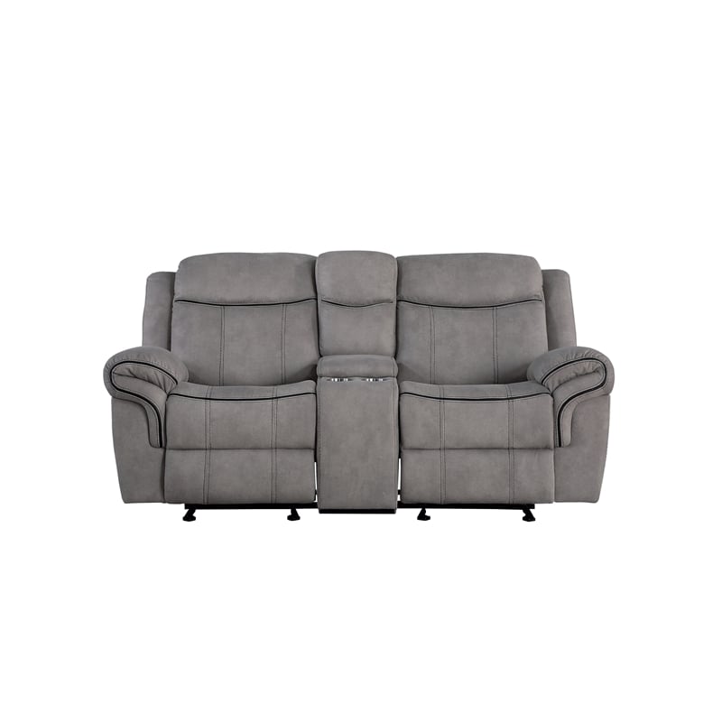 Benjara Fabric Upholstered Metal Reclining Loveseat with Center Console- Gray