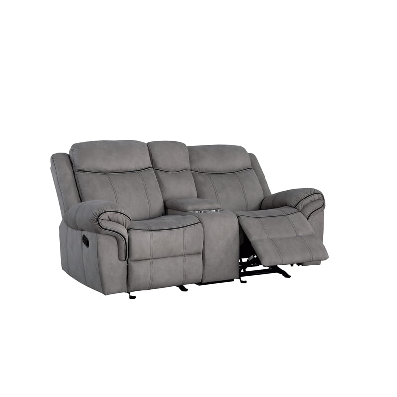 Benjara Fabric Upholstered Metal Reclining Loveseat with Center Console- Gray