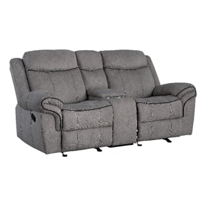 Benjara Fabric Upholstered Metal Reclining Loveseat with Center Console- Gray