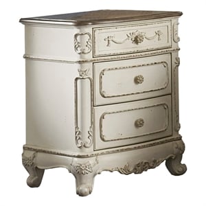 Benjara 3 Drawer NightStand with Floral Motif Carving -Antique White/Brown