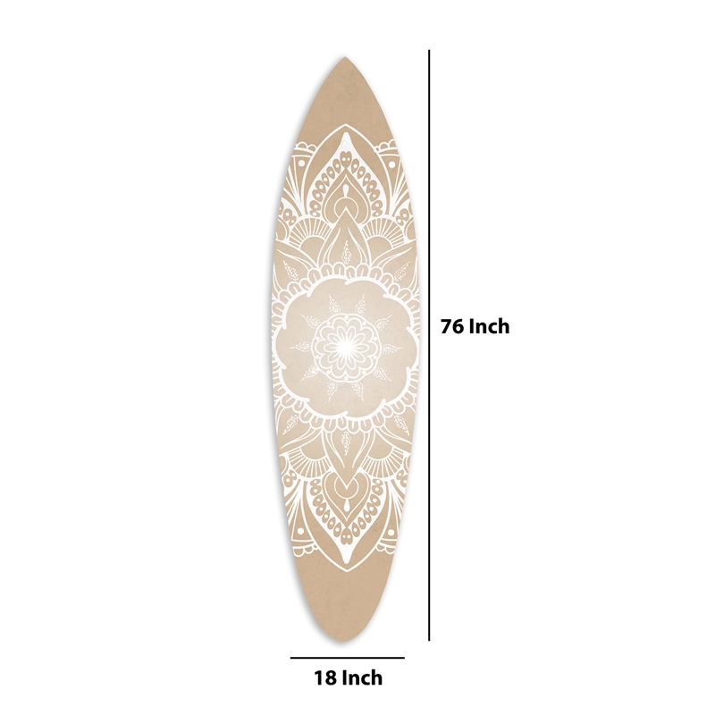 Benjara Wooden Surfboard Wall Art with Medallion Print- Brown and White
