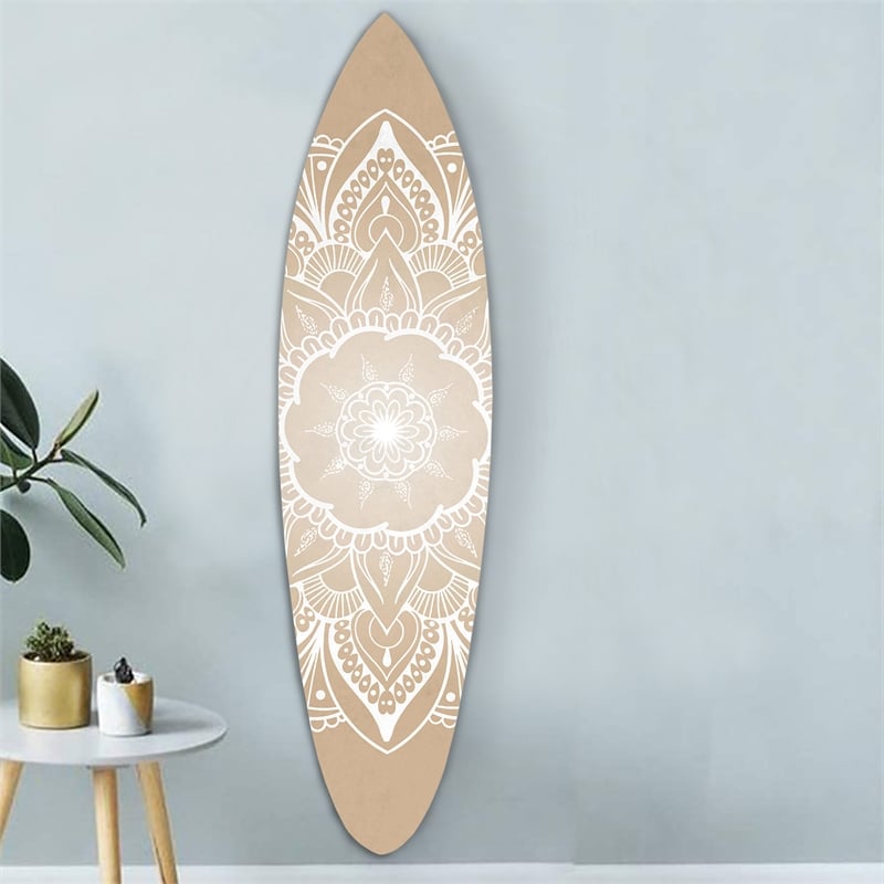 Benjara Wooden Surfboard Wall Art with Medallion Print- Brown and White