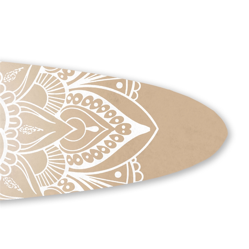 Benjara Wooden Surfboard Wall Art with Medallion Print- Brown and White
